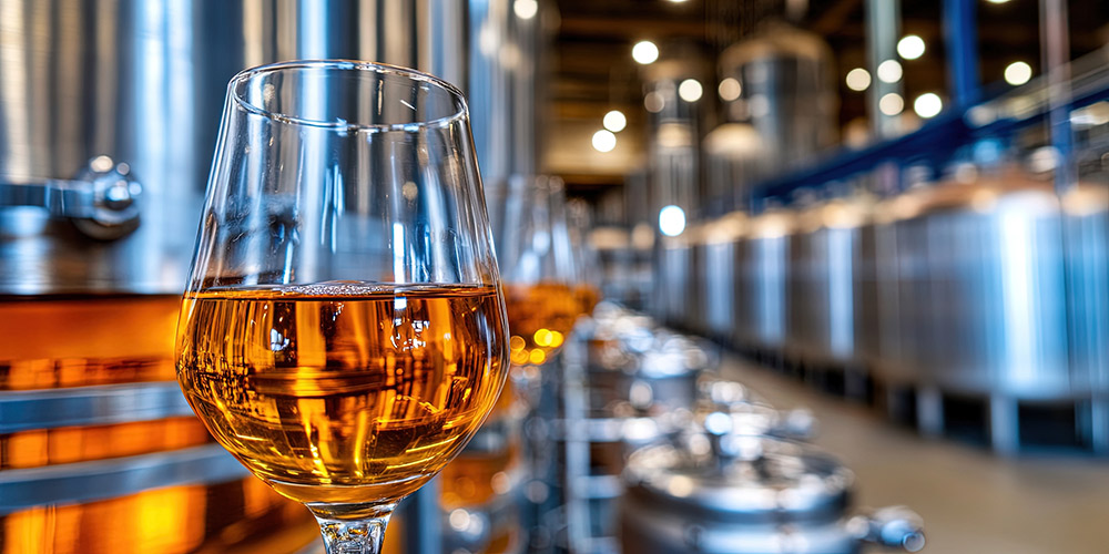 A close-up of a glass filled with amber liquid, set against a backdrop of shiny brewing tanks and soft, ambient lighting.