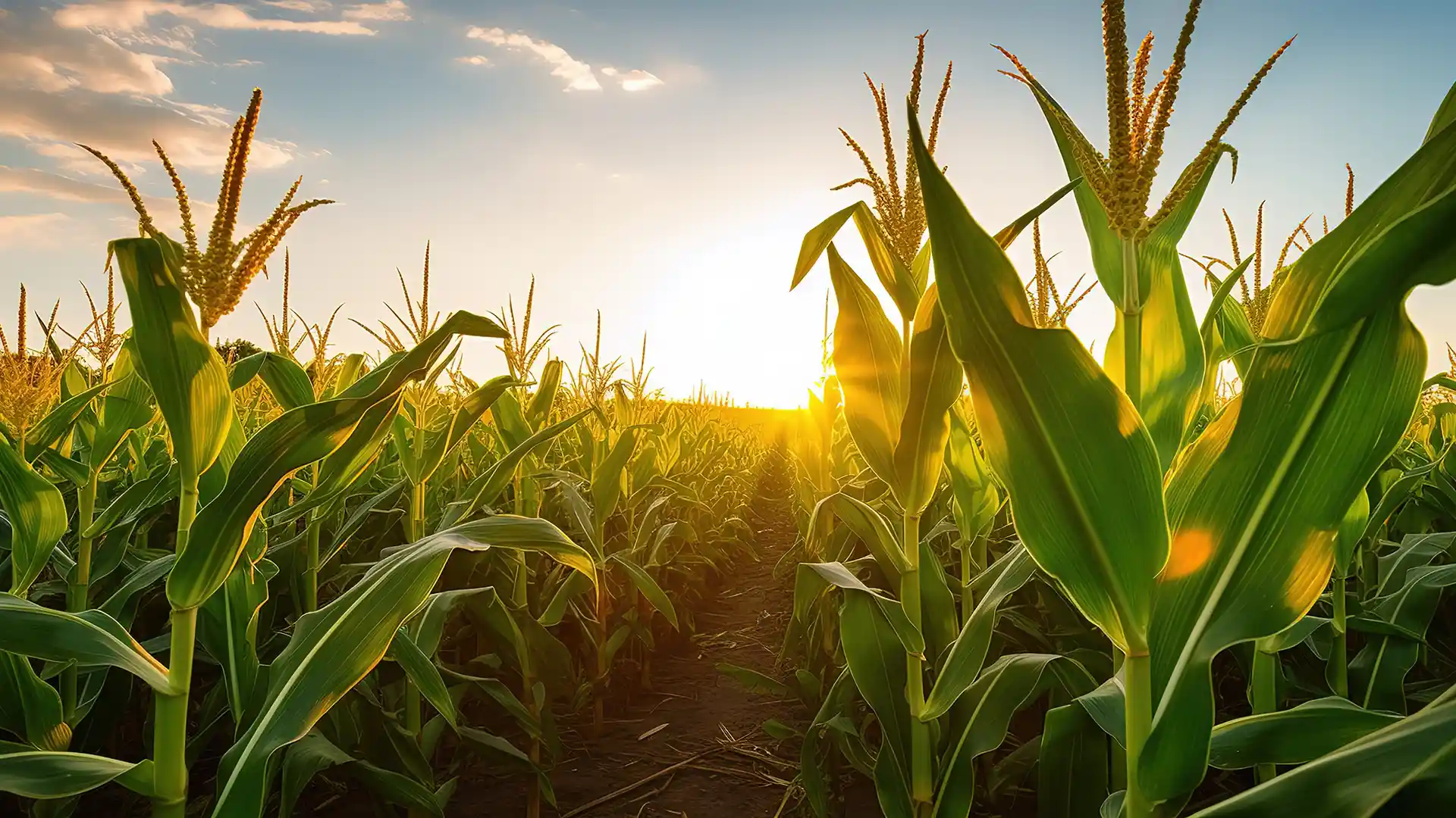 A sunlit cornfield at sunset, golden light filtering through tall, green stalks, creating a warm and tranquil rural scene.