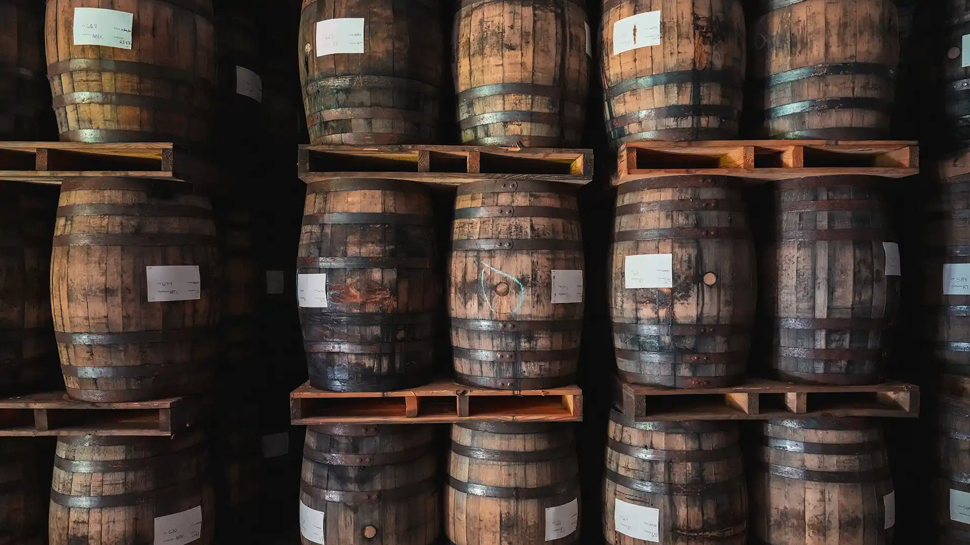 Stacked wooden barrels in a dimly lit cellar, stored on pallets. The scene conveys a sense of tradition and aging, possibly for whiskey, rum or wine.