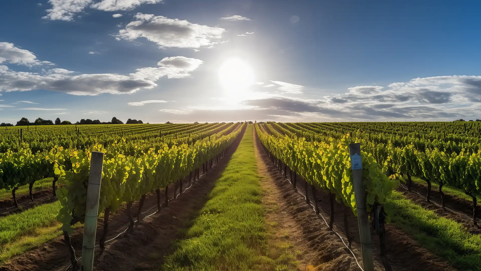 Vineyard at sunset with rows of lush grapevines under a vibrant blue sky and scattered clouds. The sun casts a warm, golden light over the scene, creating a tranquil atmosphere.
