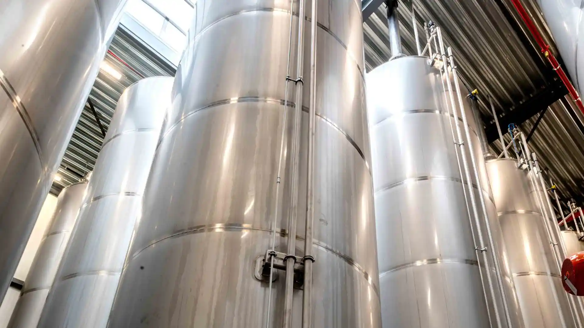 Shiny, large stainless steel tanks in an industrial setting, surrounded by metal beams and pipes, conveying a clean, functional atmosphere.