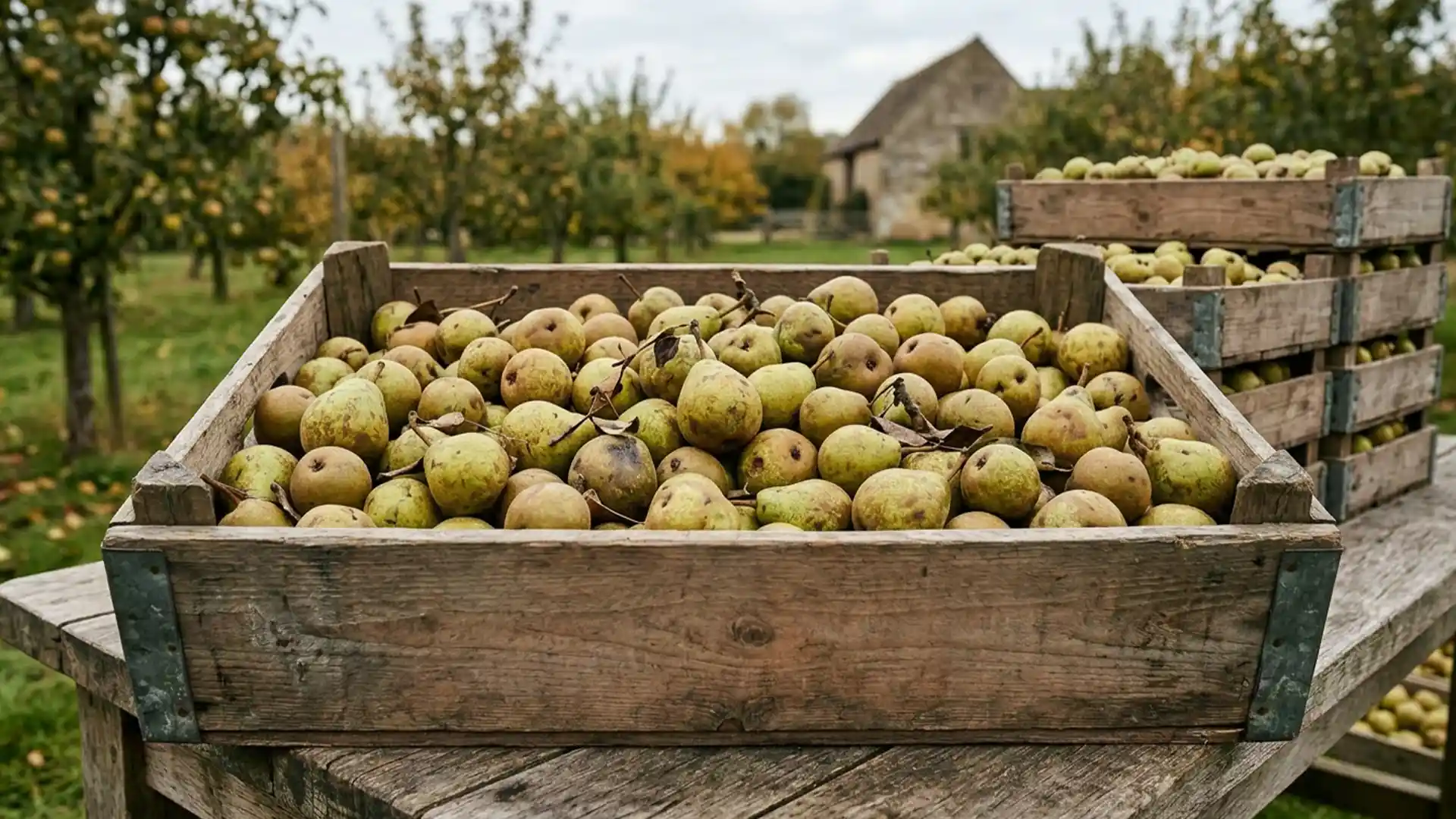 Wooden crate filled with ripe pears sits on a rustic table in an orchard. Trees and a farmhouse are visible in the background under a cloudy sky.