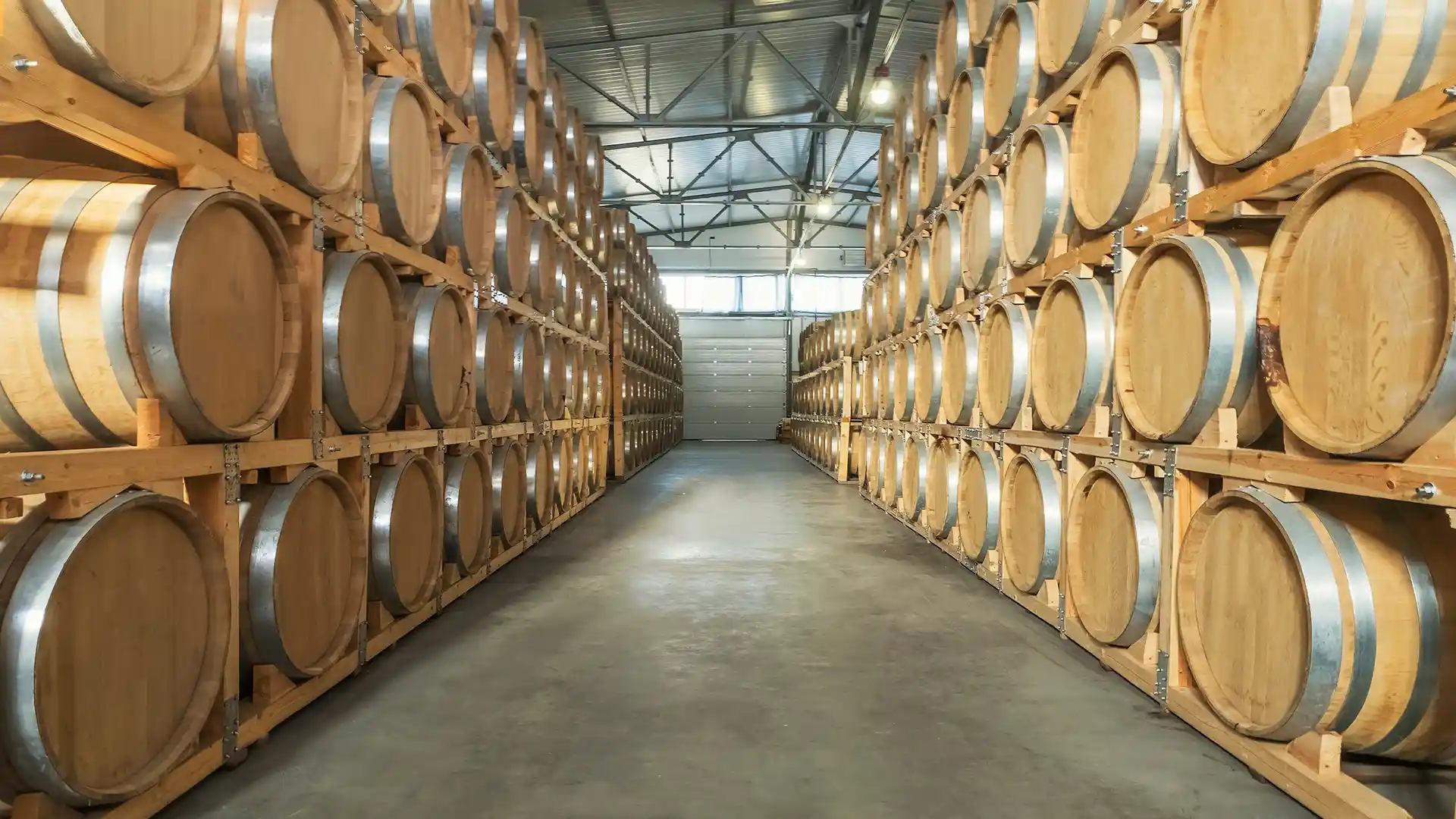 Rows of large wooden barrels are stacked neatly on racks in a spacious, well-lit warehouse with a high ceiling, creating an orderly and serene atmosphere.