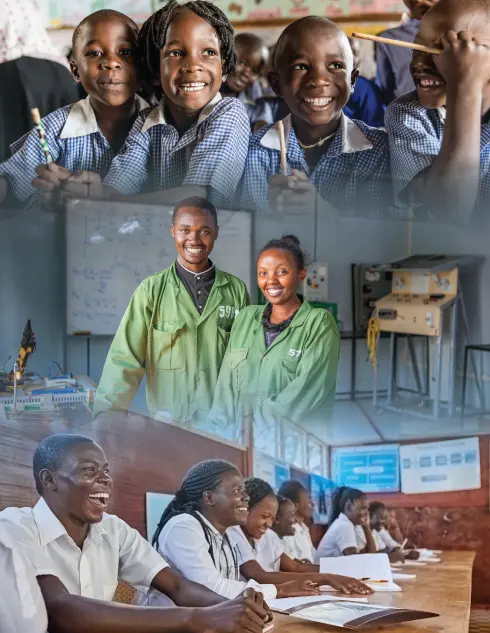 Three images blend together: smiling children in uniforms at desks, two students in green lab coats with an experiment, and teens laughing in a classroom.