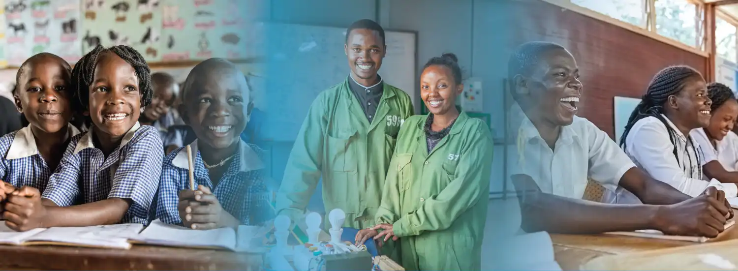 Three images blend together: smiling children in uniforms at desks, two students in green lab coats with an experiment, and teens laughing in a classroom.