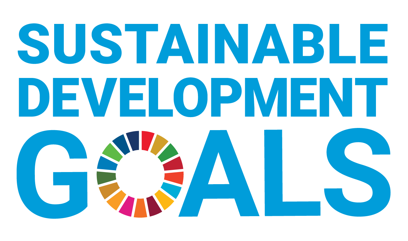 Blue uppercase “SUSTAINABLE DEVELOPMENT GOALS” lettering on white, with the O in GOALS replaced by a multicolored UN goals wheel; a clean, optimistic logo.